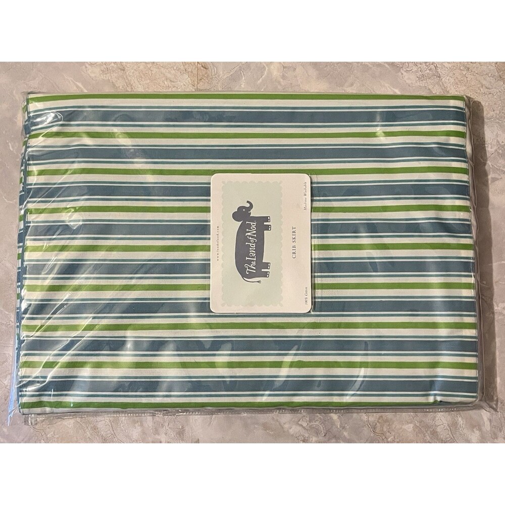 The Land of Nod Blue Green White Striped Crib Skirt 100% Cotton New in Package - Picture 2 of 6